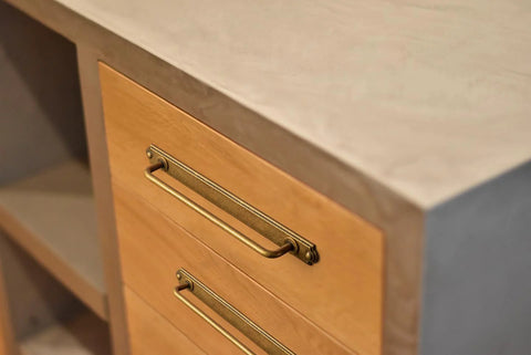 Antique Brass Drawer Pulls With Backplates Five Point Zero Four Inch Center To Center Zinc Alloy Cabinet Handles installed on wood drawers