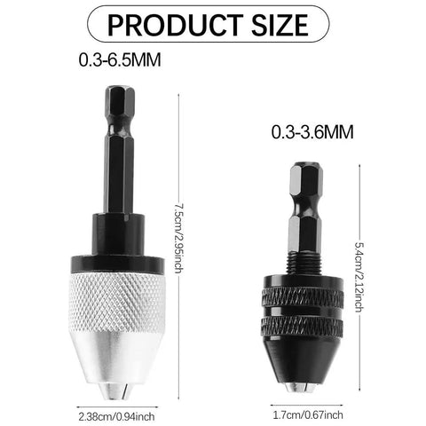 Set Of 2 Keyless Drill Chuck Adapters With Quarter Inch Hex Shank Quick Change Converter For Impact Drills and bit change extension