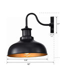 Side view of Gooseneck Barn Light Outdoor Wall Sconce with dimensions, black exterior, gold interior, rustic industrial style lighting