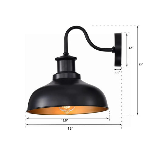 Side view of Gooseneck Barn Light Outdoor Wall Sconce with dimensions, black exterior, gold interior, rustic industrial style lighting