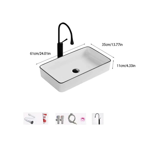 USZWBY Vessel Sinks Small Apartment Bathroom Balcony Ceramic Wash Basin Above The Nordic Simple Black Edge Household Bathroom Bowl Sink with faucet dimensions