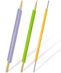 3-piece fabric tube turners with wooden shafts and colored sleeves (purple, green, orange) for sewing.