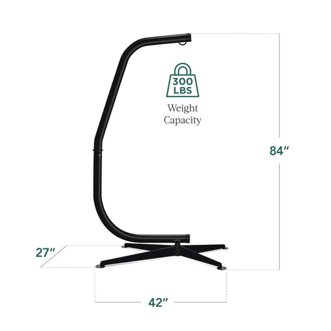 Rugged Metal Hanging Hammock C Stand For Chair Stand Only With Weather Resistant Powder Coated Steel Wide 4 Leg Offset Base For Solid Indoor Or Outdoor Lounging Black, side view with 300 lb capacity