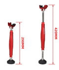 Side view of Motorcycle Front And Rear Wheel Stand Lift Portable Trail Stand for easy safe wheel lifts, red, adjustable height.
