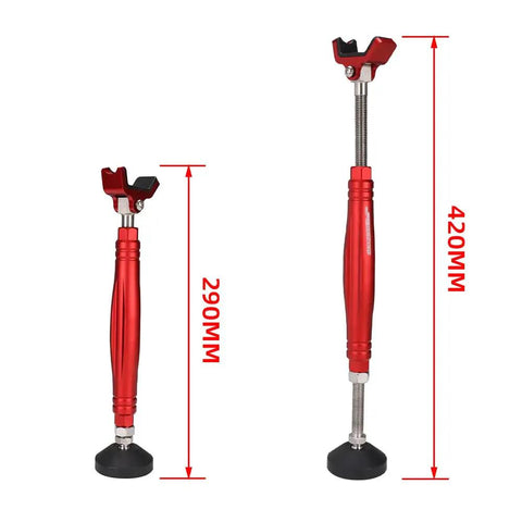 Side view of Motorcycle Front And Rear Wheel Stand Lift Portable Trail Stand for easy safe wheel lifts, red, adjustable height.