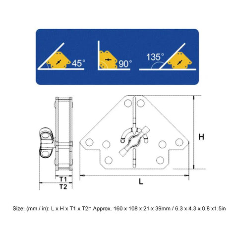 Diagram of Super Durable Zohisin Welding Magnet showing 30 to 50 kilo suction angles of 45°, 90°, and 135° for metal fabrication.