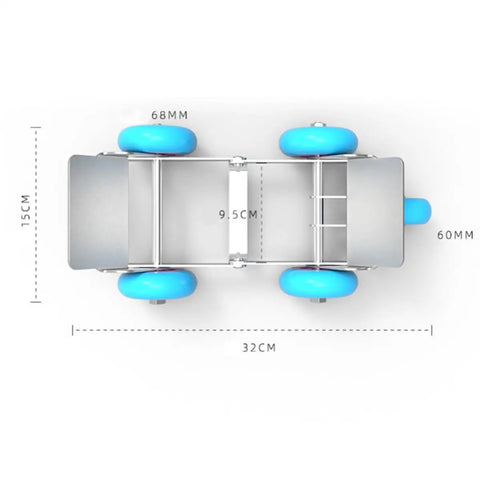 Heavy Duty Car And Motorcycle Mover Dolly With Steel And Rubber Build, Powder Coated Frame And Polycarbonate Wheel Casters, One Person Operation For Easy Garage Workhorse Moves Of Cars, Bikes, And ATVs, top view with 32cm x 15cm dimensions