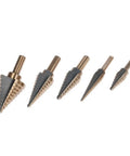 Rock Solid 5 Piece High Speed Steel Step Drill Bit Set With Round Shank For Carbon Steel Iron Aluminum PVC And Wood Featuring Double Groove Design Smooth Boring Tool Kit Heavy Duty Twist Drills That Make Quick Work Of Any Project. five HSS step drill bits on white background