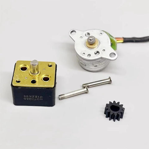 Front view of DC 5V micro stepper motor kit with metal gearbox, 15mm diameter, screws and small gear