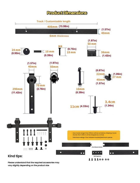 Product dimensions and components of Heavy Duty Sliding Door Track Kit With Carbon Steel Rail For Space Saving Design In Garages And Wardrobes Industrial Grade Track With Black Powder Coated Nylon Rollers For Rust Resistance And High Load Capacity
