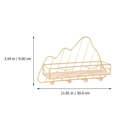 Golden Wall Mount Storage Rack With Heavy Duty Iron And Wood, Slick Hook Organizer For Kitchen Bedroom shown in profile view.