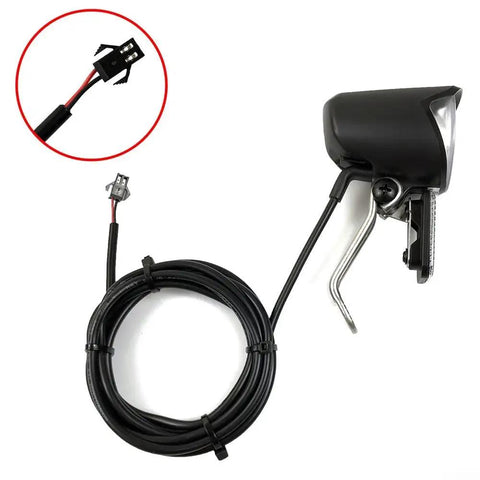 Heavy Duty E Bike Front Headlight 6-60V LED Spotlight With Black ABS Housing For Electric Scooters And Bikes Deliver Bright Long Range Beam You Need To Stay Safe Riding At Night. black ABS e bike headlight with cable and connector, side view