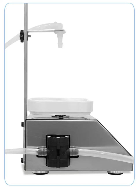 Side view of Weighing Diaphragm Pump Filling Machine With Electronic Scale For Liquids Oil Water Wine Juice 10ml To 3000ml