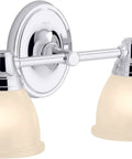 Forte Double Wall Sconce Vanity Light With Frosted Glass Shades Mount Up Or Down Polished Chrome Finish UL Listed For Damp Locations 2 Light Bathroom Lighting Fixture For Modern Baths, front view showing chrome base and frosted shades.