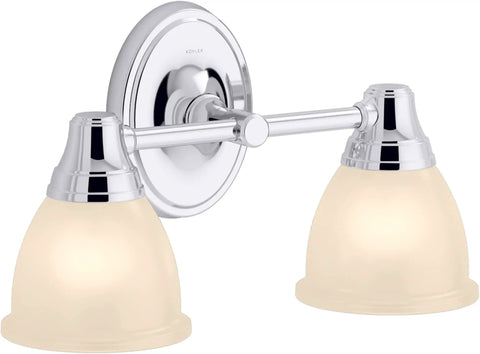 Forte Double Wall Sconce Vanity Light With Frosted Glass Shades Mount Up Or Down Polished Chrome Finish UL Listed For Damp Locations 2 Light Bathroom Lighting Fixture For Modern Baths, front view showing chrome base and frosted shades.