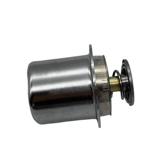 Heavy Duty Rig Ready Top Shelf Engine Cooling Thermostat Replacement Compatible With Cummins QSL8-9 Diesel Engines Part 5478594 And 5284903 side view of thermostat showing metallic finish and spring mechanism.
