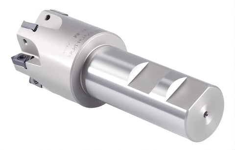 Beefy High Feed Indexable End Mill With One And A Half Inch Cutter Diameter And One Inch Shank Six Flutes Accepts LNMU030312R-JM Inserts