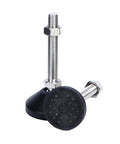 Close-up of Built Tough Plumb Level Adjustable Furniture Leveling Feet using swivel articulating legs with durable nylon and carbon steel.