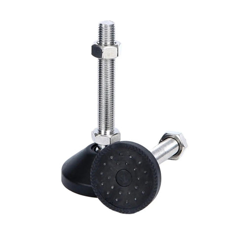 Close-up of Built Tough Plumb Level Adjustable Furniture Leveling Feet using swivel articulating legs with durable nylon and carbon steel.