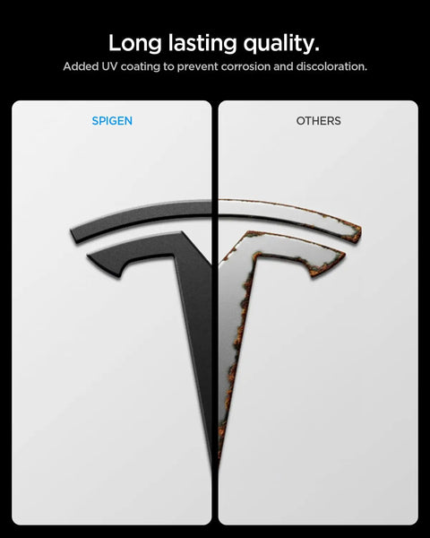 Comparison of Tesla Model Y Front Emblem Hood Badge With Ultra Strong Adhesion to a corroded badge, highlighting durability.