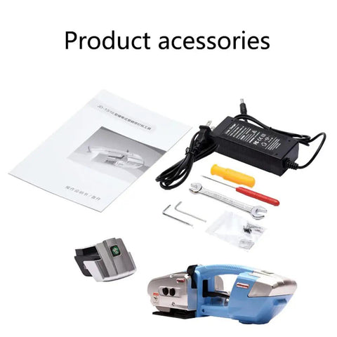 Easy Grip Cordless Electric Strapping Machine Automatic Hot Seal Pallet Bundler Battery Powered For 13 To 16 Mm PP PET Tape with accessories.