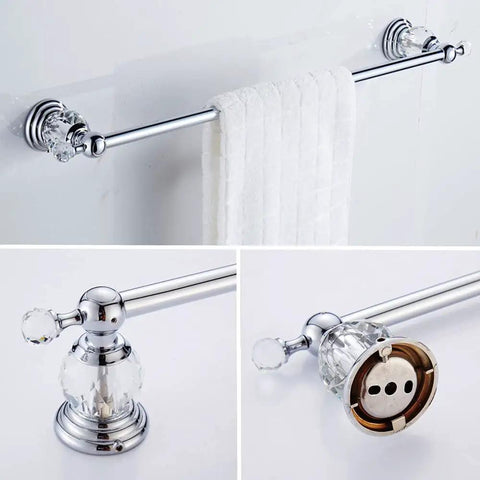 Crystal Bathroom Hardware Set With Retractable Towel Bar Chrome Finish 18.5 to 30.8 Inch Adjustable Includes Towel Bar Details
