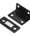 Stainless Steel Magnetic Cabinet Latch With No Slam Hold, black finish, shown disassembled to display two-way mounting hardware.