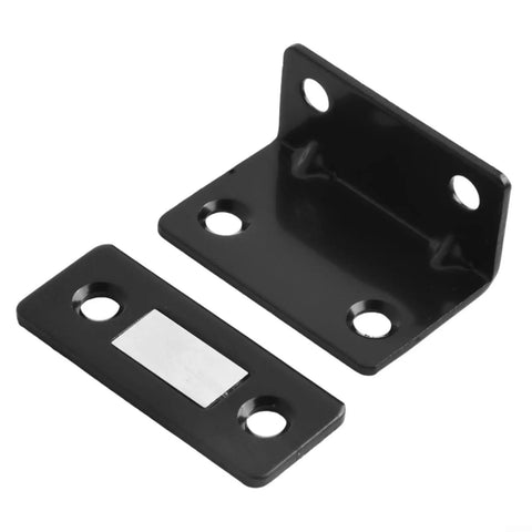 Stainless Steel Magnetic Cabinet Latch With No Slam Hold, black finish, shown disassembled to display two-way mounting hardware.