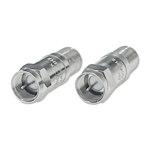 Inline F Type RF Coax DC Block Adapters 75 Ohm Impedance 5 MHz To 2400 MHz Two Pack, silver connectors for radios and RF gear