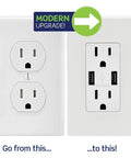 Smart In-Wall USB Charger With 15A Tamper-Resistant Outlet, Dual USB Ports, built-in smart chip, installation comparison.