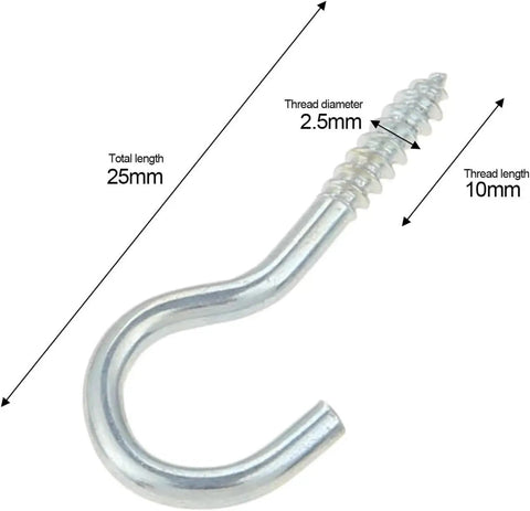 Knockout Vinyl Coated Screw Hooks And Heavy Duty Eye Bolts Designed For Zero Hassle Wall Mounting On Wood Or Drywall Surfaces With A Slick Finish That Keeps Your Space Looking Clean In This Dependable 20 Piece Bundle, showing a 25mm vinyl coated screw hook with detailed measurements.