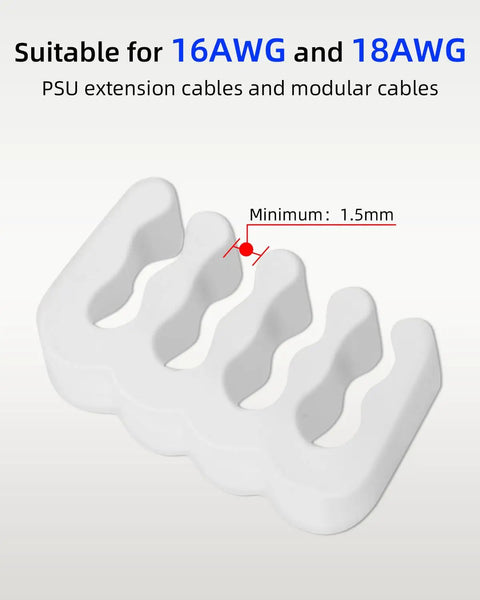 White cable comb from 48 Piece Cable Comb Kit For PC Cables, Perfect For PSU And CPU Cable Management, shown with 1.5mm spacing for 16AWG, 18AWG suitability.