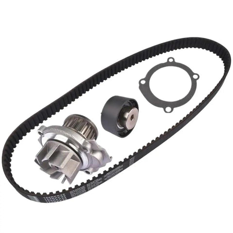High Performance Engine Timing Belt Kit And Water Pump Set Upgrade To Save Green Cash Keeping Your Dodge Dart Or Chrysler 500 Beast Running Like New From 2012 To 2017 On 1 Point 4 Liter Motor Replacement Part 4893386AA For DIY Owners timing belt, water pump, pulley, and gasket on white background
