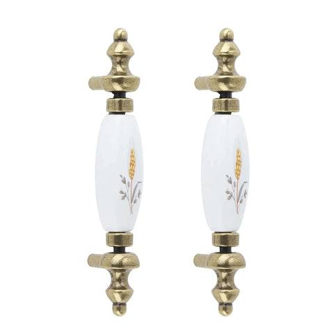 Six Pack Vintage Ceramic Drawer Knobs With 76 mm Spacing And Antique Bronze Finish Featuring Yellow Wheat Ear Print, close-up view.