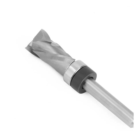 Heavy Duty Compression Flush Trim Router Bit With 1/4 Inch Solid Carbide Shank for perfect plywood and veneer cuts close-up view.