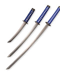 Three Piece Iaido Katana Set With Display Stand, Badass Blue Blade And Engraved Scabbard Pattern, Japanese Samurai Sword Made From 1045 Medium Carbon Steel, Includes Long, Medium And Short Lengths For Show And Practice displayed horizontally