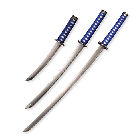 Three Piece Iaido Katana Set With Display Stand, Badass Blue Blade And Engraved Scabbard Pattern, Japanese Samurai Sword Made From 1045 Medium Carbon Steel, Includes Long, Medium And Short Lengths For Show And Practice displayed horizontally