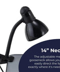Adjustable Clamp Desk Lamp With Metal Gloss Black Finish, 14 Inch Gooseneck Task Light attached to desk corner