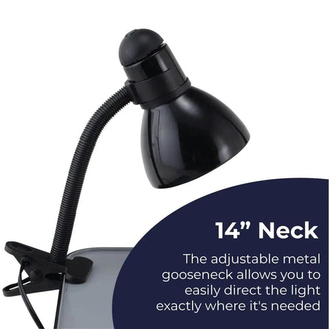 Adjustable Clamp Desk Lamp With Metal Gloss Black Finish, 14 Inch Gooseneck Task Light attached to desk corner
