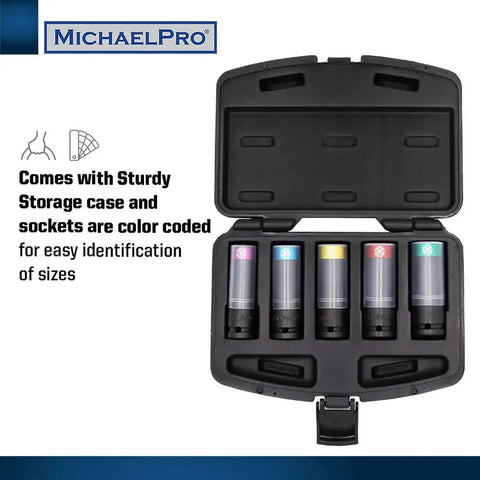 5-Piece Pro Grade Power Impact Lug Nut Socket Set with sturdy case, 1/2 inch drive, thin-wall, color coded for quick identification.