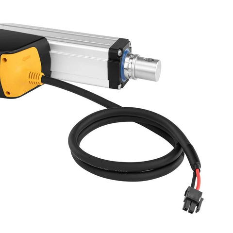 12V high-force linear actuator, side view, with 12-inch stroke and yellow end cap