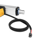 Side view of 12V high-force linear actuator with aluminum body, yellow end cap and 4-pin connector
