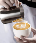 Stainless Steel Milk Frothing Pitcher 12 Oz For Espresso Machines, Perfect For Cappuccino And Latte Art, pouring latte art