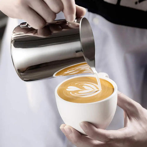 Stainless Steel Milk Frothing Pitcher 12 Oz For Espresso Machines, Perfect For Cappuccino And Latte Art, pouring latte art