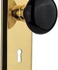 Vintage New York Plate with Keyhole Black Porcelain Knob Passage Door Hardware Set For 2-3/4 Backset, Brass Finish