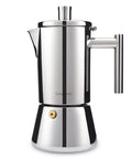 Heavy Gauge Stainless Steel Stovetop Espresso Maker And Legit Italian Moka Pot For 4 Cups in polished silver with insulated grip.