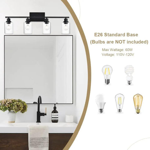 4 Light Modern Bathroom Lighting Fixtures In Matte Black Finish With Clear Glass Shades Above Mirror