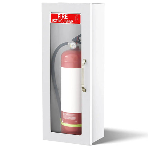 10 Lb Fire Extinguisher Cabinet Wall Mount White Steel With Glow In The Dark Sign Sticker for indoor use, front view