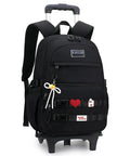 Black kids rolling backpack with wheels trolley, decorated with heart charm, for girls and boys, featuring large capacity and multiple pockets.