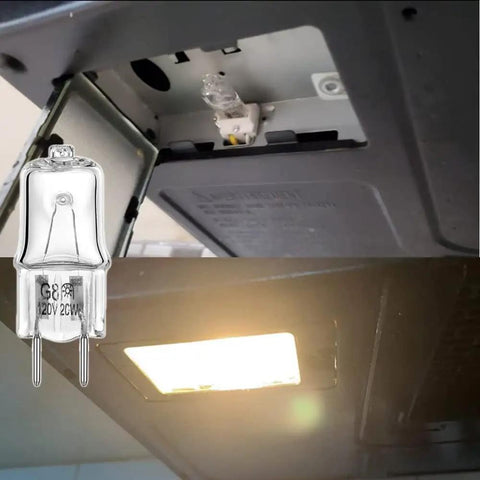 G8 BiPin 20W 120V Microwave Replacement Bulb WB25X10019 installed in oven with light on and detached bulb close-up